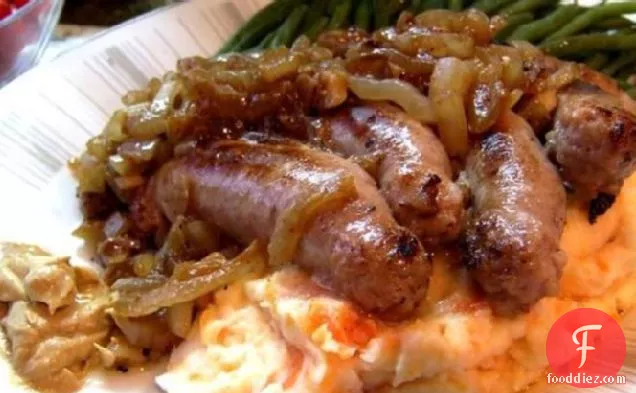 Bangers and Mash With Golden Onions