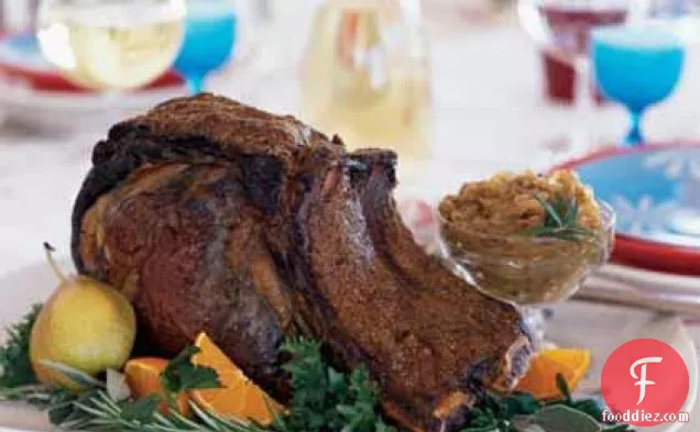 Coriander and Black Pepper-Crusted Rib Roast with Roasted Onions