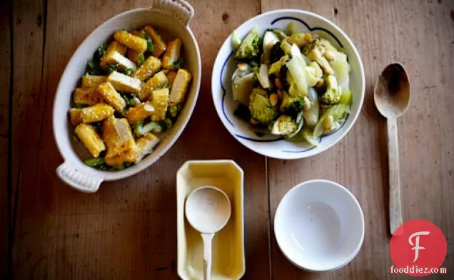 शाकाहारी चीनी नींबू टोफू और हरी सब्जियां