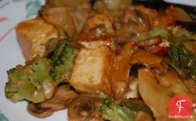 Spicy Stir Fry Tofu With Peanut Sauce W/ Snow Peas and Mushrooms