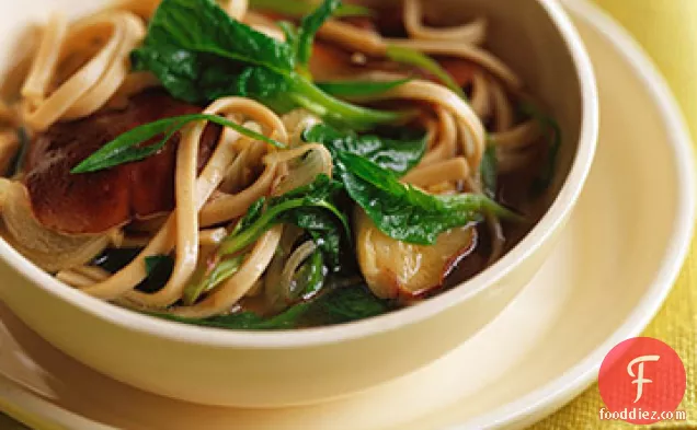 Udon Noodles with Shiitake Mushrooms in Ginger Broth