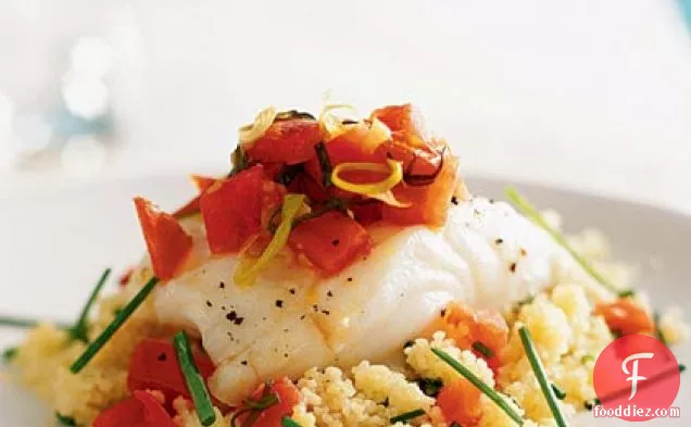 Oven-Roasted Sea Bass with Couscous and Warm Tomato Vinaigrette