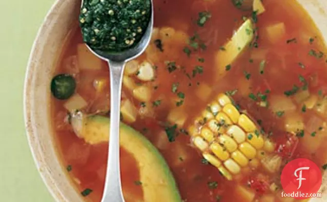 Mexican Fiesta Soup with Roasted Tomatillo and Cilantro Pesto