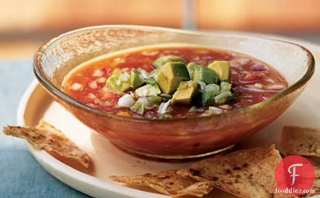 Gazpacho with Avocado and Cumin Chips