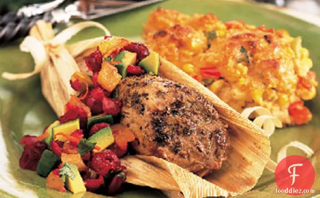 Spice-Rubbed Pork Tenderloins in Corn Husks with Cranberry-Avocado Salsa