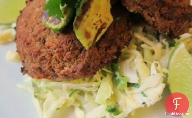 Spicy, Smoky Bean Cakes with Lime Slaw and Charred Avocado