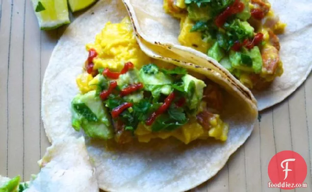 Scrambled Egg and Sausage Tacos with Avocado and Scallion