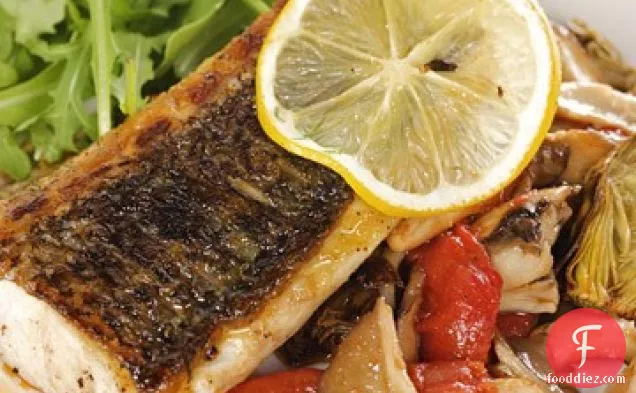 Pan-Roasted Striped Bass with Roasted Artichokes, Mushrooms, and Tomato Marmalade