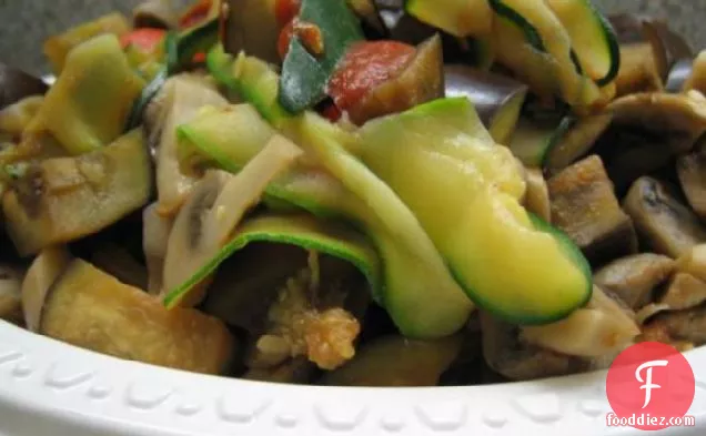 Zucchini Pasta With Mushrooms, Eggplant and Roasted Peppers