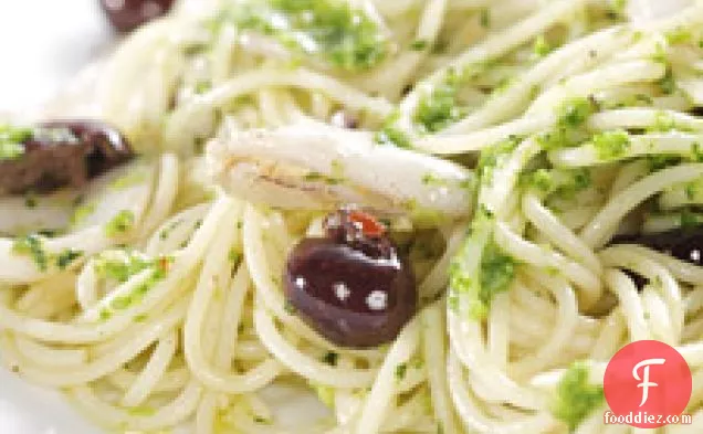 Spaghettini With Broccoli Rabe Pesto, Calamari And Ligurian Olives