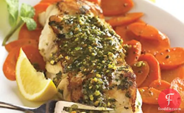 Sauteed Striped Bass with Mint Pesto and Spiced Carrots