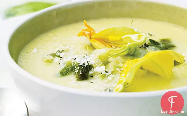 Corn Soup with Roasted Poblanos and Zucchini Blossoms
