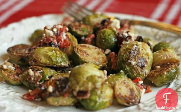 Olive Brussels Sprouts With Feta, Roasted Red Peppers And Bacon