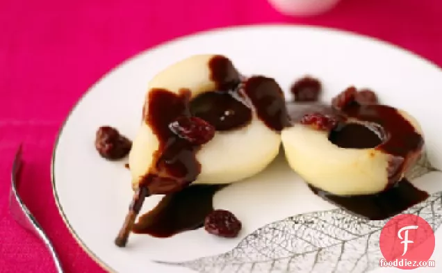 Pears and Dried Cherries with Chocolate Sauce
