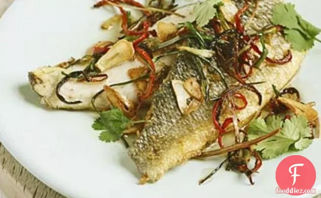 Cornish Sea Bass With Frizzled Chillies, Ginger & Spring Onions