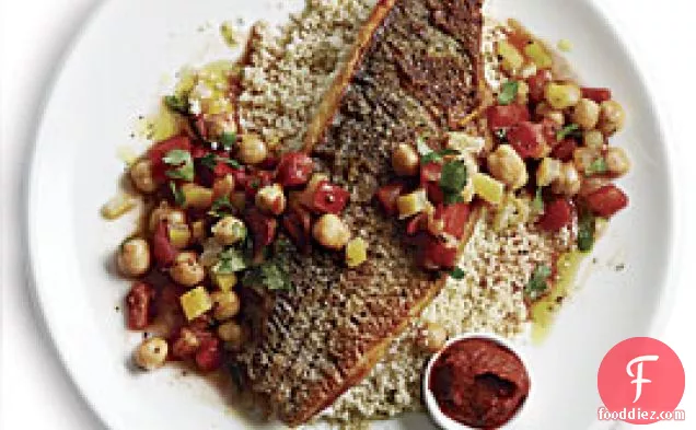 Crisp Striped Bass With Preserved Lemon, Chickpeas, And Couscous