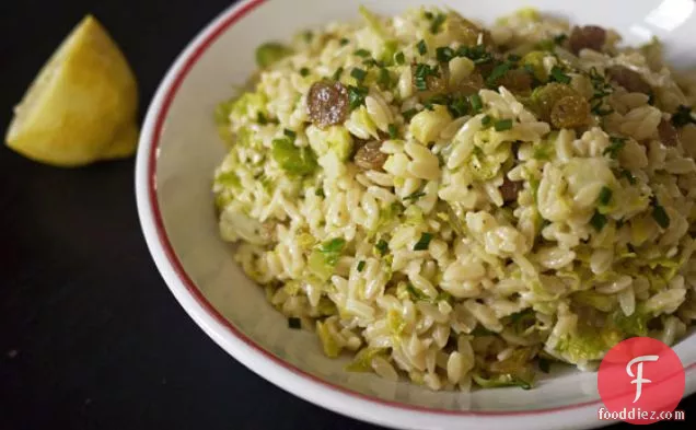 Warm Orzo Salad With Brussels Sprouts And Golden Raisins