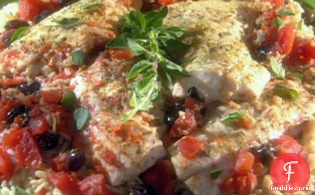 Pan-Seared Sea Bass with Olives, Tomatoes and Oregano Brown Rice