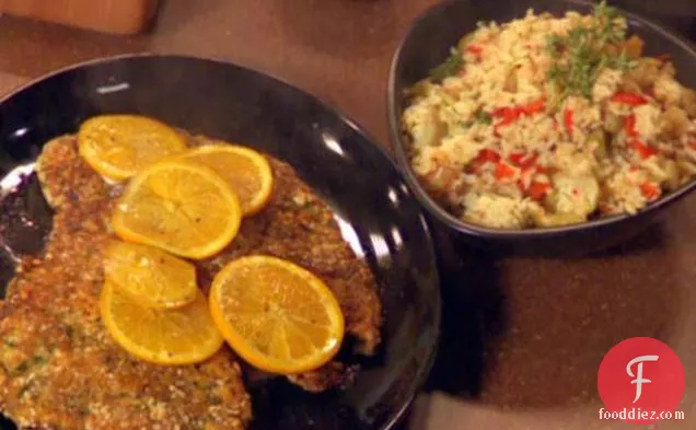 Spanish Chicken Cutlets and Olive Rice with Artichokes and Piquillo Peppers
