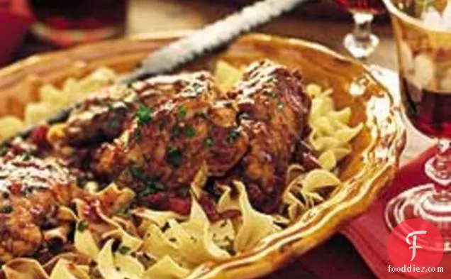Chianti-Braised Stuffed Chicken Thighs on Egg Noodles