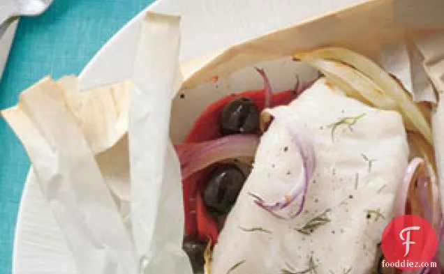 Branzino En Papillote With Roasted Peppers, Black Olives And Fe
