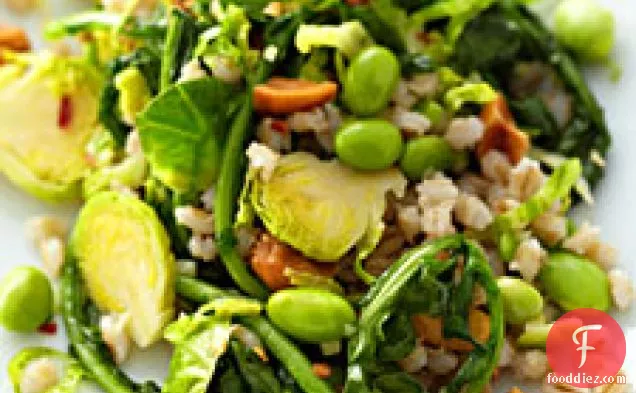 Barley With Brussels Sprouts, Spinach, And Edamame