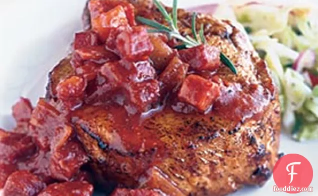 Grilled Pork Chops with Chunky Andouille Barbecue Sauce