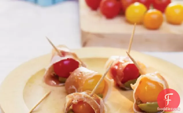 Cherry Tomatoes Wrapped in Prosciutto with Olives