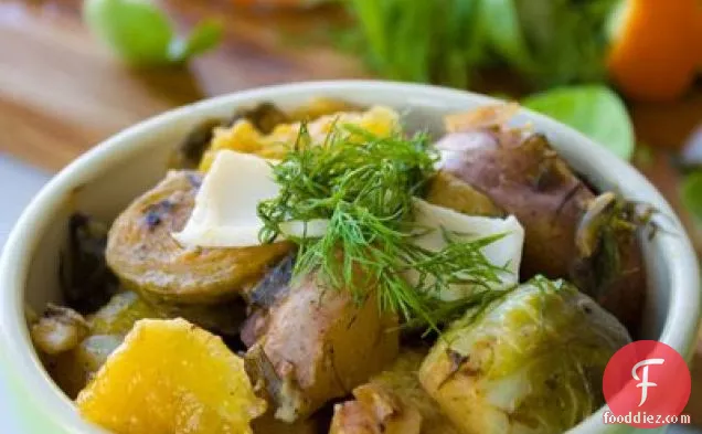 Citrus Braised Brussel Sprouts & Cheesy Dill Potatoes