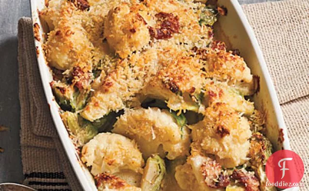 Crispy Topped Brussels Sprouts and Cauliflower Gratin