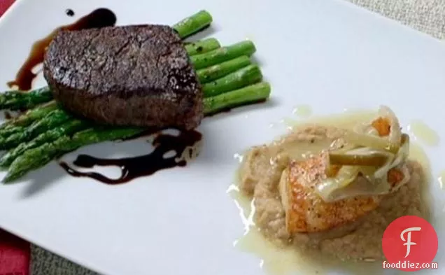 Pan Roasted Filet Mignon with Asparagus Sea Bass with Roasted Cauliflower Puree