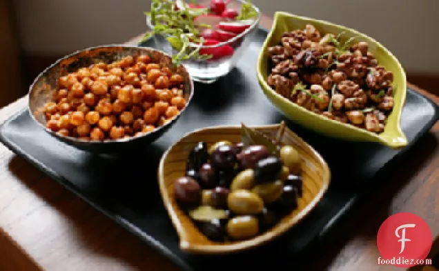 Fried Chickpeas and Spiced Nuts with Olives and Radishes