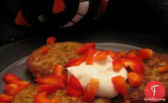 Fava Bean Cakes With Diced Red Peppers and Yogurt