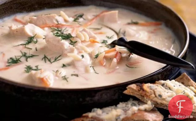 त्वरित एवगोलेमोनो, ओर्ज़ो, और चिकन सूप