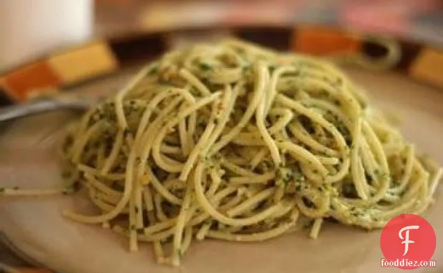 Spaghetti with Basil-Pistachio Pesto