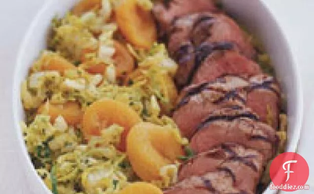 Grilled Pork with Curried Apricots and Napa Cabbage