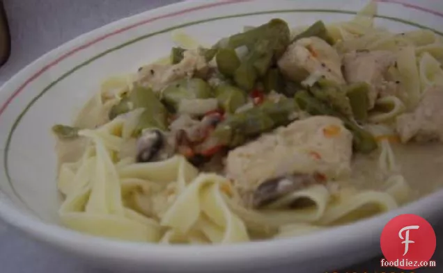 Fettuccini With Asparagus and Garlicky Chicken
