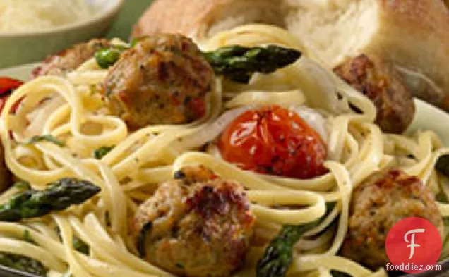 Linguini with Roasted Vegetables and Tomato Basil Chicken Meatballs