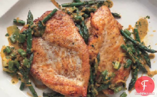 Sauteéd Chicken Cutlets with Asparagus, Spring Onions, and Parsley-Tarragon Gremolata