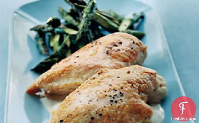 Roast Chicken with Asparagus and Tahini Sauce