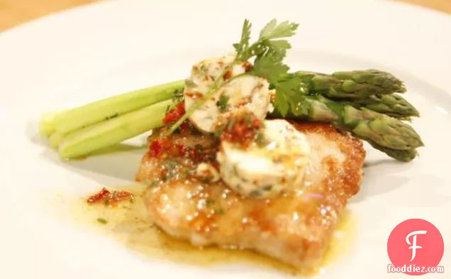 Herbed Pork Paillards with Sundried Tomato Butter and Asparagus