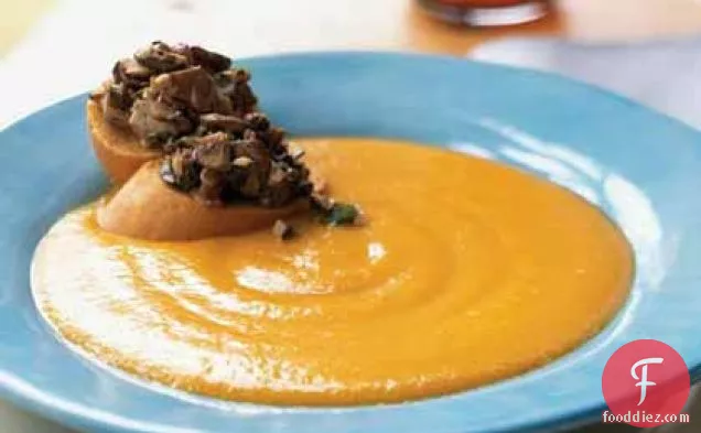 Yellow Pepper Soup with Wild Mushroom Croutons