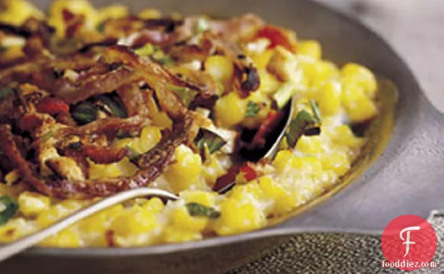 Creamed Corn Gratin with Fried Onion Rings and Bacon