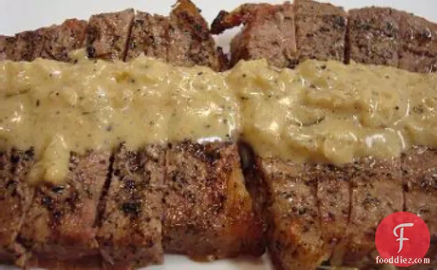 Sliced Shell Steak on Parmesan Toast with Shallot and Sour Cream Sauce