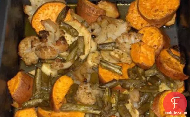 आसान एक ट्रे भुना हुआ प्याज और रूट सब्जियां