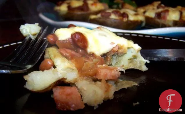 Potato Skins Filled With Ham, Baked Beans and Cheese