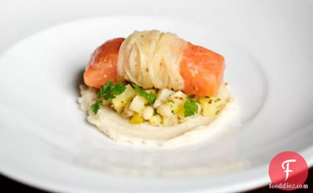 Confit Salmon, Pickled Ginger Celeriac, Haricot Beans