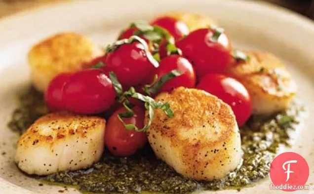 Pan-Seared Scallops with Tomatoes and Pesto