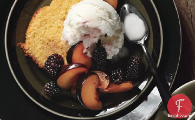 Orange Polenta Cake with Vanilla-Scented Plums and Blackberries and Buttermilk Ice Cream