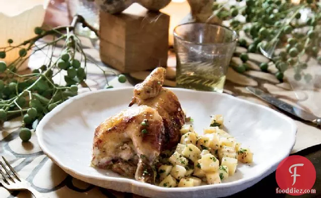Cornish Hens with Plum-and-Leek Stuffing and Celery Root